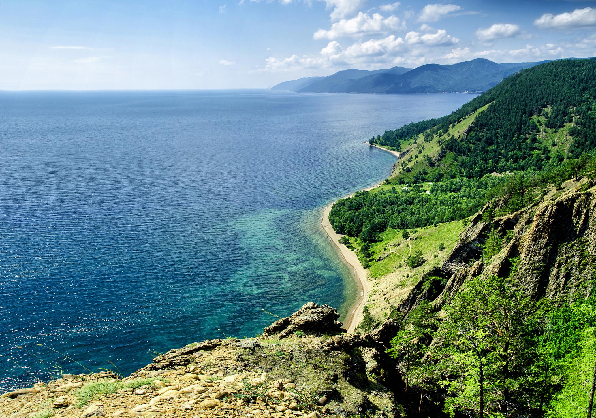 Lake Baikal surrounded by mountains in Russia