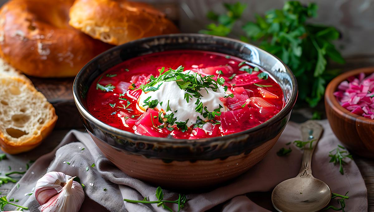 A bowl of borscht soup